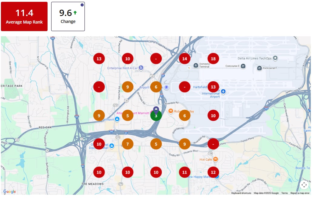 Atlanta airport area local grid scan before: average map rank 11.4