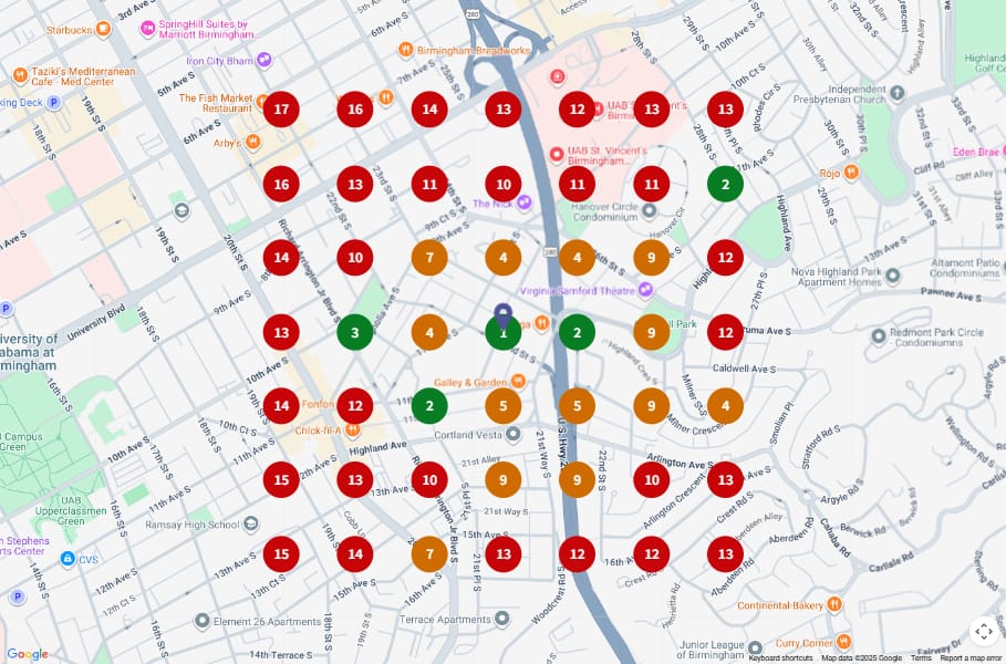 Local grid scan before, Birmingham, Alabama: 49 points around the Monge & Associates office, average map rank 10, most points ranking 10th or worse.