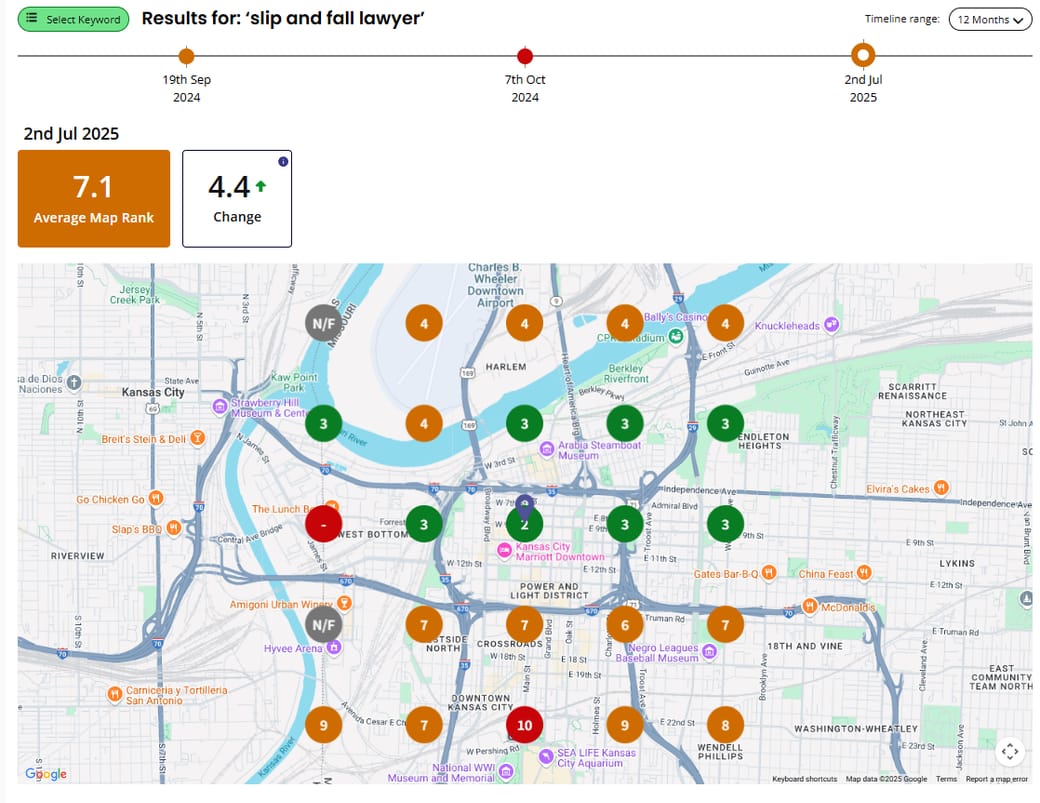 Kansas City local grid scan, Jul 2, 2025: average map rank 7.1
